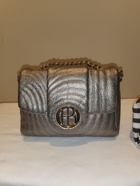 henri bendel Metallic Silver Quilted Crossbody with Gold Logo